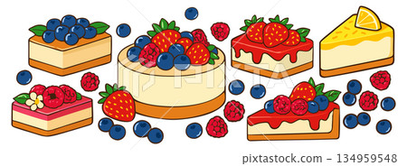 Set of various cheesecakes with vibrant fruits. Assortment of cheesecakes with lemon, strawberries, blueberries and raspberries, garnished with fresh leaves, isolated on white background Set of various cheesecakes with vibrant fruits. Assortment of cheesecakes with lemon, strawberries, blueberries and raspberries, garnished with fresh leaves, isolated on white background 134959548