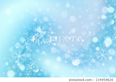Winter background with white pattern of falling snowflakes, sparkles and blurred bokeh. Vector light blue holiday sky with frosty crystals and stars. Christmas decorative border. Winter background with white pattern of falling snowflakes, sparkles and blurred bokeh. Vector light blue holiday sky with frosty crystals and stars. Christmas decorative border. 134959620