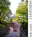 Historic Stone Gate and Cobblestone Street Surrounded by Green Trees and Castle Walls in a Medieval Setting 134959894