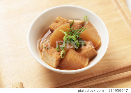 Simmered radish with fried chicken Simmered radish with fried chicken 134959947