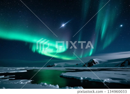 Colorful auroras illuminate the dark Arctic sky, reflecting on icy waters and snow covered tundra as holiday festivities embrace the spirit of Christmas and New Year. Generative AI Colorful auroras illuminate the dark Arctic sky, reflecting on icy waters and snow covered tundra as holiday festivities embrace the spirit of Christmas and New Year. Generative AI 134960033