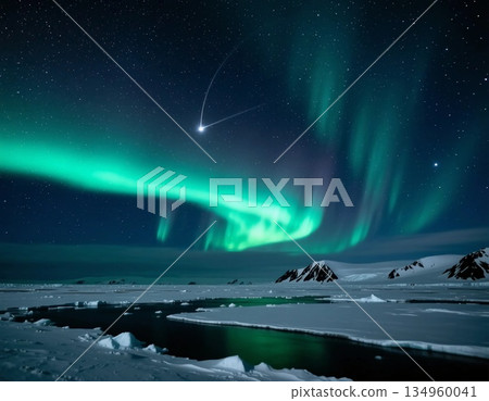 Bright green auroras illuminate the night sky above a frozen landscape in the arctic tundra. Icebergs float in the still water as winter festivities embrace natures grandeur Generative AI Bright green auroras illuminate the night sky above a frozen landscape in the arctic tundra. Icebergs float in the still water as winter festivities embrace natures grandeur Generative AI 134960041