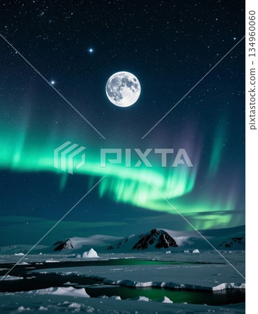 Bright green and purple auroras illuminate the dark night sky above a pristine snow covered tundra. A full moon adds to the winter wonderland ambiance during the holiday season Generative AI Bright green and purple auroras illuminate the dark night sky above a pristine snow covered tundra. A full moon adds to the winter wonderland ambiance during the holiday season Generative AI 134960060