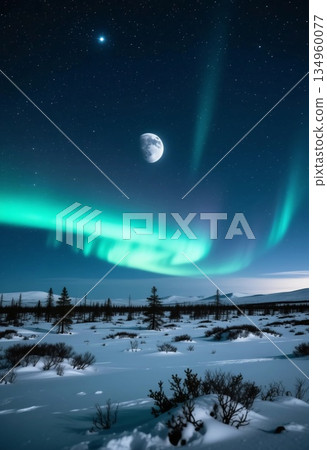 Beautiful auroras dance across the night sky, illuminating the snowy tundra under a bright moon Generative AI Beautiful auroras dance across the night sky, illuminating the snowy tundra under a bright moon Generative AI 134960077