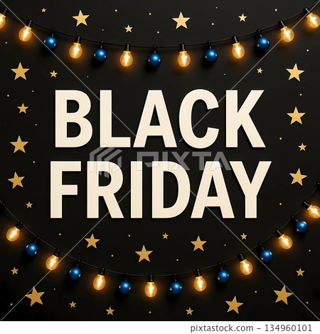 Colorful lights and golden stars are arranged creatively for Black Friday. The display adds a lively touch to the shopping season, inviting customers to explore great deals Generative AI 134960101