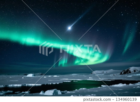 Bright northern lights dance across the night sky in the Arctic tundra, creating a magical atmosphere for Christmas and New Year celebrations. Glacial landscapes reflect the spectacle Generative AI Bright northern lights dance across the night sky in the Arctic tundra, creating a magical atmosphere for Christmas and New Year celebrations. Glacial landscapes reflect the spectacle Generative AI 134960139