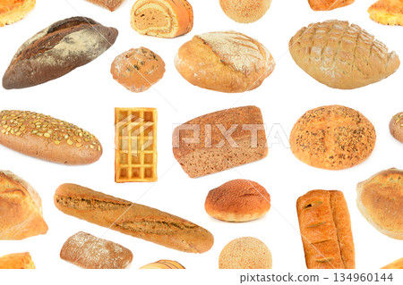 Seamless Pattern of Fresh Bread and Pastries Isolated on White Background Seamless Pattern of Fresh Bread and Pastries Isolated on White Background 134960144