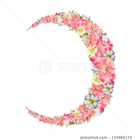 用百日菊和壓花製成的新月形花環,白色背景上的花框,留有空白區域,適合母親節慶祝活動。 用百日菊和壓花製成的新月形花環,白色背景上的花框,留有空白區域,適合母親節慶祝活動。 134960174