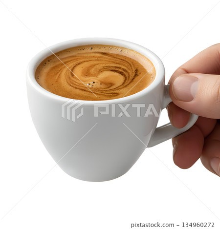 Hand holding a simple white mug of freshly brewed coffee with rich crema on top, isolated. Perfect for morning rituals and cafe concepts Hand holding a simple white mug of freshly brewed coffee with rich crema on top, isolated. Perfect for morning rituals and cafe concepts 134960272