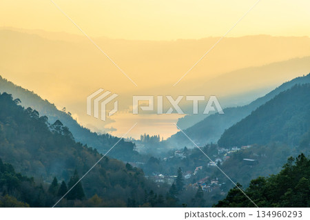 Vila do Geres and the Canicada Dam reservoir in the Peneda-Geres National Park at Sunset. Portugal 134960293
