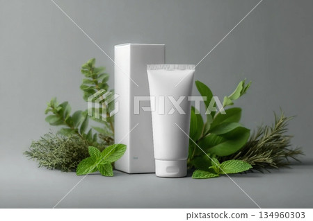 I need a mockup stage of a tall cosmetic box with a cosmetic tube next to it, all white and surrounded by natural elements such as a branch of forever, another of peppermint, rosemary leaves, and othe I need a mockup stage of a tall cosmetic box with a cosmetic tube next to it, all white and surrounded by natural elements such as a branch of forever, another of peppermint, rosemary leaves, and othe 134960303