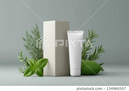I need a mockup stage of a tall cosmetic box with a cosmetic tube next to it, all white and surrounded by natural elements such as a branch of forever, another of peppermint, rosemary leaves, and othe 134960307