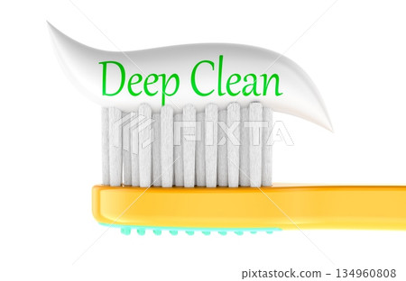 Deep clean concept, toothpaste on toothbrush. 3D rendering Deep clean concept, toothpaste on toothbrush. 3D rendering 134960808