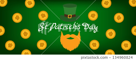 St Patricks Day banner with green gradient gold coins beard and hat St Patricks Day banner with green gradient gold coins beard and hat 134960824