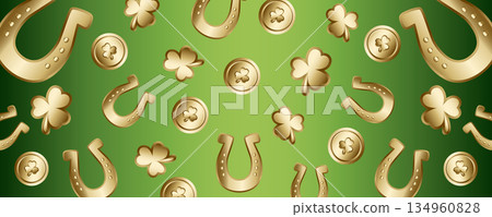 St Patricks Day background with green gradient gold coins clover and horseshoe 134960828