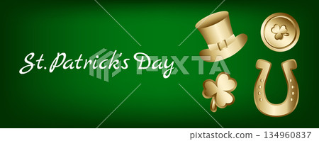 St Patricks Day banner with green gradient gold coins clover horseshoe and hat 134960837