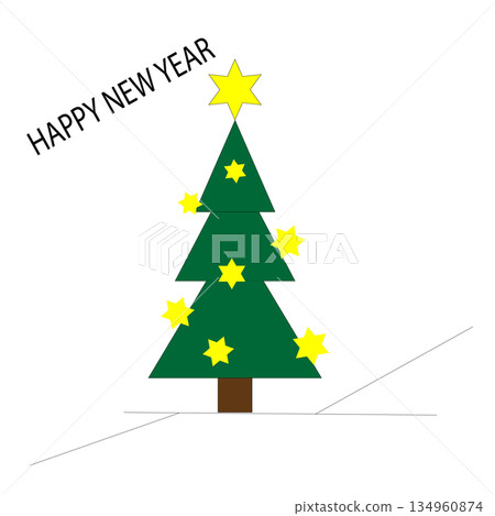 Christmas tree Vector. Yellow star decoration. Happy New Year text. White background illustration. 134960874