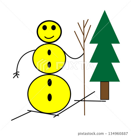 Snowman character Vector. Yellow body illustration. Green spruce tree. Winter season emblem. Snowman character Vector. Yellow body illustration. Green spruce tree. Winter season emblem. 134960887