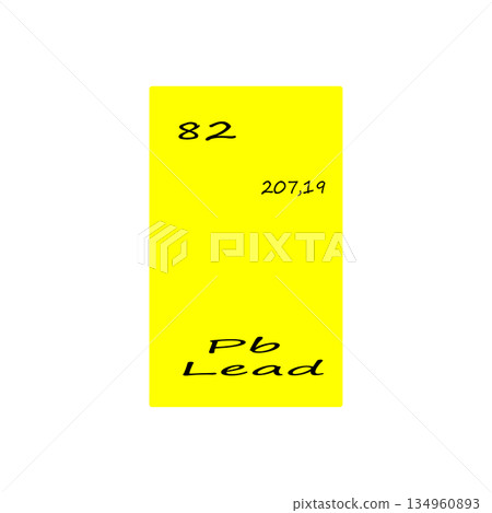 Lead element illustration. Eighty two atomic number. Chemical symbol Pb. Yellow Vector background. 134960893