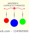 Merry Christmass greeting. Holiday ornaments illustration. Three hanging baubles. Vector colorful elements. 134960900