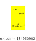 Sulfur element icon. Sixteen number. Thirty two mass. Vector periodic table. 134960902
