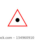 Warning sign icon. Black circle symbol. Red triangle outline. Vector road illustration. 134960910