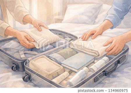 A Japanese couple packing together in the morning 134960975