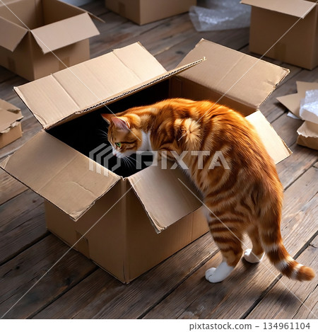 A cat peeking inside a cardboard box. 134961104