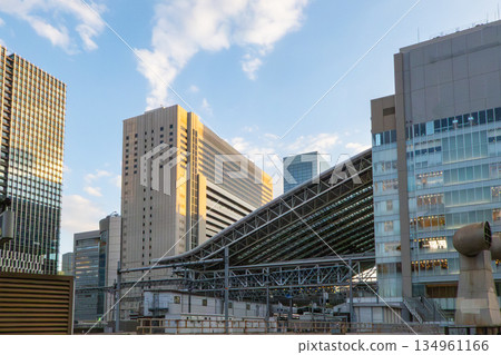 Sunny day blue sky and modern city buildings, landscape with stations and structures 134961166