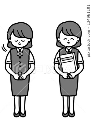 Set of illustrations of office staff women holding documents and bowing black and white set 134961191