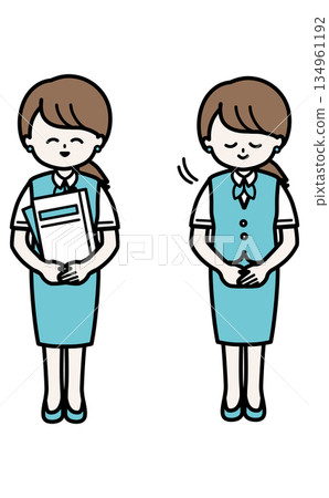 Set illustration of female office staff holding documents and bowing Set illustration of female office staff holding documents and bowing 134961192
