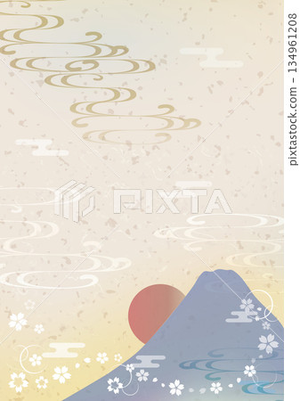 櫻花花瓣飄落，映襯著新年第一道陽光，富士山湛藍的背景，金色的光芒灑滿大地。 134961208