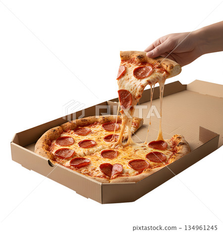 Single hand lifting hot, cheesy slice of pepperoni pizza directly from a classic cardboard takeout box, evoking delivery and family meals Single hand lifting hot, cheesy slice of pepperoni pizza directly from a classic cardboard takeout box, evoking delivery and family meals 134961245