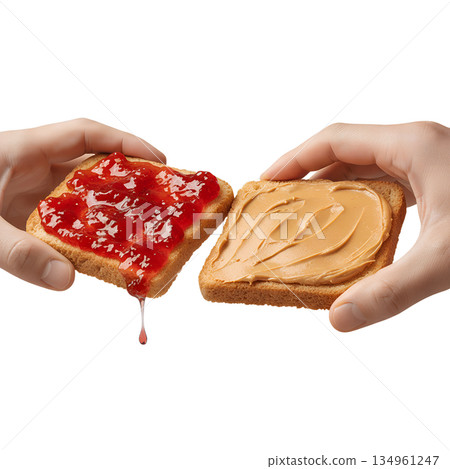 Hands holding toasts, one with peanut butter and one with jam, isolated. Perfect for easy snack ideas, kids' lunches, or food blogs 134961247