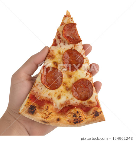Close-up of hand holding slice of pepperoni pizza, representing delicious, melted satisfaction Close-up of hand holding slice of pepperoni pizza, representing delicious, melted satisfaction 134961248