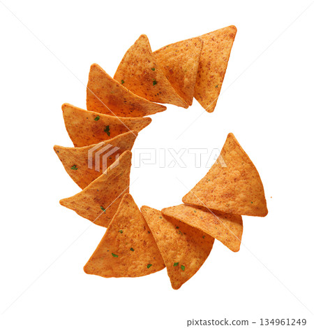 Crispy, golden yellow tortilla chips isolated on transparent background. Perfect for mexican food, nachos, dips, and snack packaging Crispy, golden yellow tortilla chips isolated on transparent background. Perfect for mexican food, nachos, dips, and snack packaging 134961249