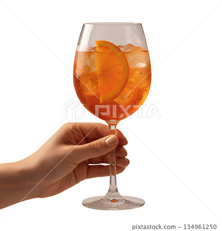 Hand holding stylish aperol spritz cocktail in a wine glass, with orange slice and ice, perfect for summer, brunch, or italian aperitivo concepts Hand holding stylish aperol spritz cocktail in a wine glass, with orange slice and ice, perfect for summer, brunch, or italian aperitivo concepts 134961250