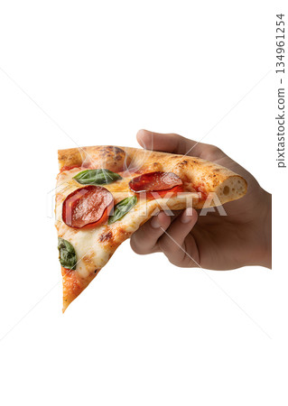 Food shot of a hand lifting a perfect slice of pepperoni pizza with gooey melted cheese, ideal for delivery or restaurant ads 134961254