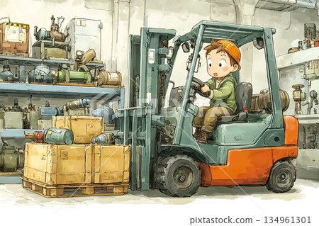 工廠裡,一名工人正在操作堆高機 | 物流和倉儲工作圖片 工廠裡,一名工人正在操作堆高機 | 物流和倉儲工作圖片 134961301