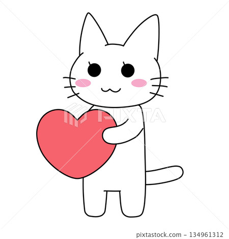一隻害羞的白貓抱著一顆大大的心。 134961312
