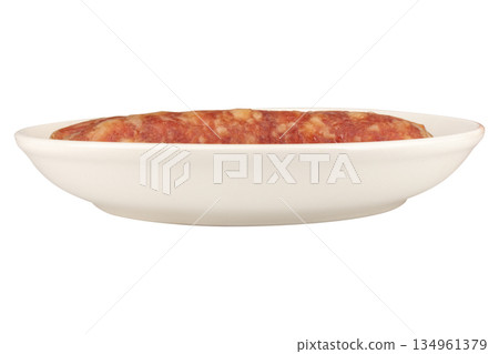 Thai pork sausage on a white plate against a white background Thai pork sausage on a white plate against a white background 134961379