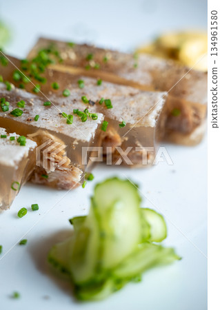 Gourmet aspic dish with fresh herbs 134961580