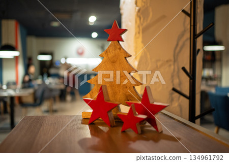 Wooden Christmas Tree With Red Stars Wooden Christmas Tree With Red Stars 134961792