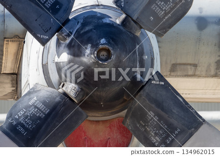 Detailed view of propeller assembly of decommissioned aircraft 134962015