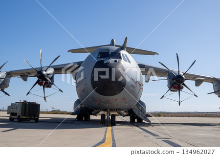 Front view of military transport aircraft on apron Front view of military transport aircraft on apron 134962027
