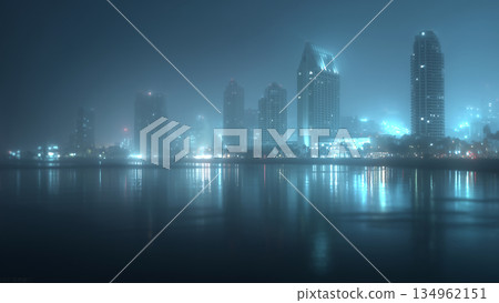 Mysterious blue foggy city night and water reflection background Mysterious blue foggy city night and water reflection background 134962151