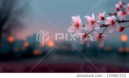 Beautiful cherry blossom branches with sunset city bokeh background Beautiful cherry blossom branches with sunset city bokeh background 134962152