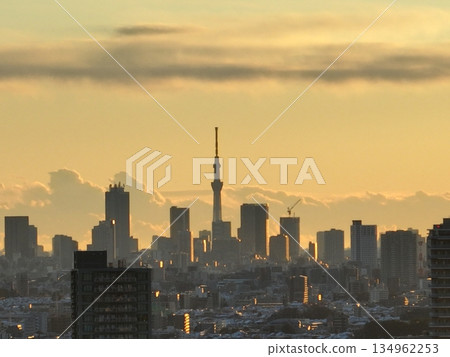 <Aerial view> Skytree and Sunshine City on a snowy morning <Aerial view> Skytree and Sunshine City on a snowy morning 134962253