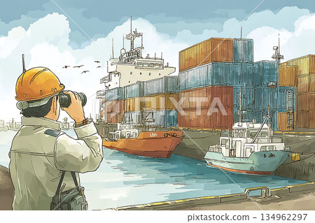 港口工作人員監控進出港口的貨櫃船 | 物流和港口管理 134962297