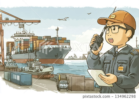 Port management staff and container ship communicating via radio | Port logistics operations 134962298
